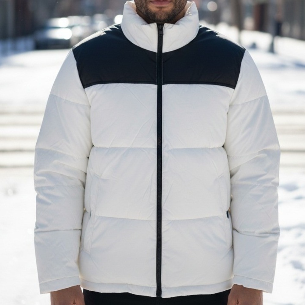 GH Bass Mens White Black Colorblock Puffer Jacket Full Zip Insulated Coat L